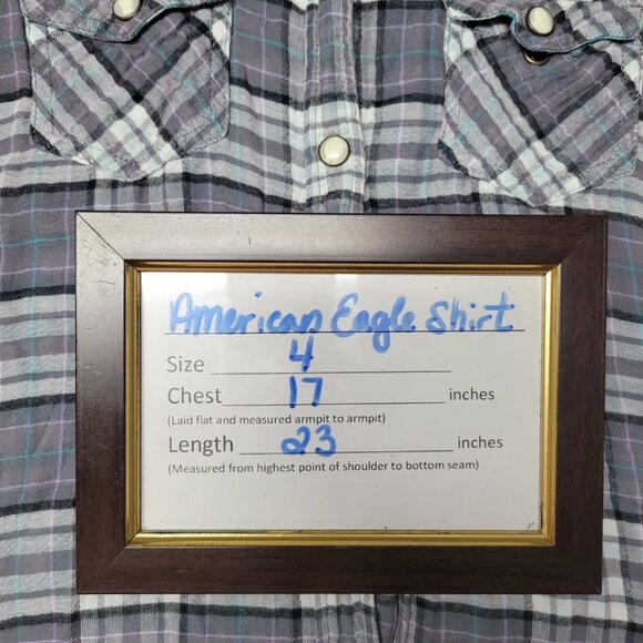 American Eagle Outfitters Plais Shirt Snap Pockets Women's Size 4 Small Gray - Picture 5 of 8